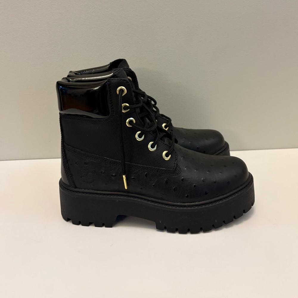 Timberland Luxe Black Platform Boots with Gold Hardware Lug Sole